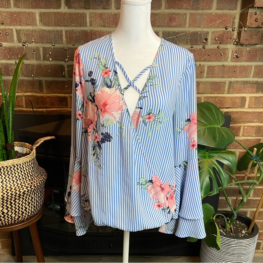 Blue and White Striped Floral Bell Sleeve Faux Wrap Top, Size S